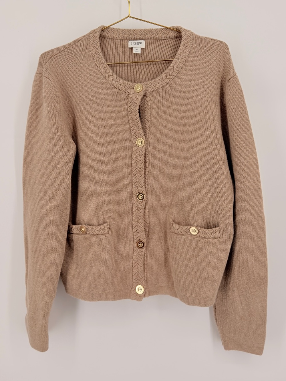 J.Crew XL Beige Tan Knit Cardigan Sweater Gold Buttons Pockets Preppy
